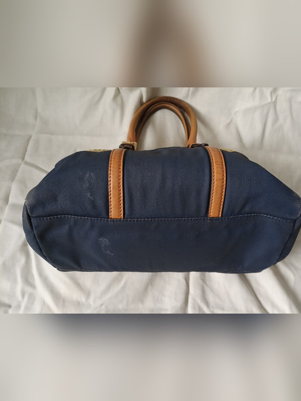 Tory Burch Navy Canvas & Natural Raffia Satchel - Picture 8 of 16